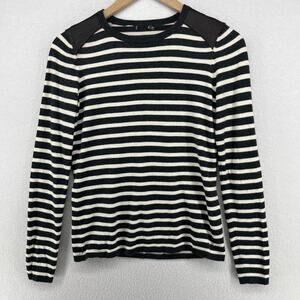 J.MCLAUGHLIN Sweater Womens XS Sailor Striped Leather Trim Stretch Cotton Black